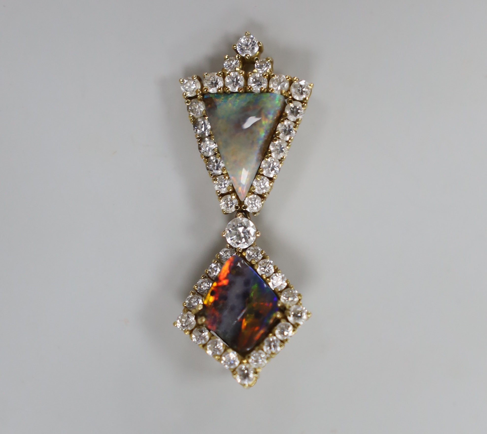 A modern 18k gold, two stone opal and white sapphire? cluster set drop pendant, 40mm, gross weight 5.7 grams.